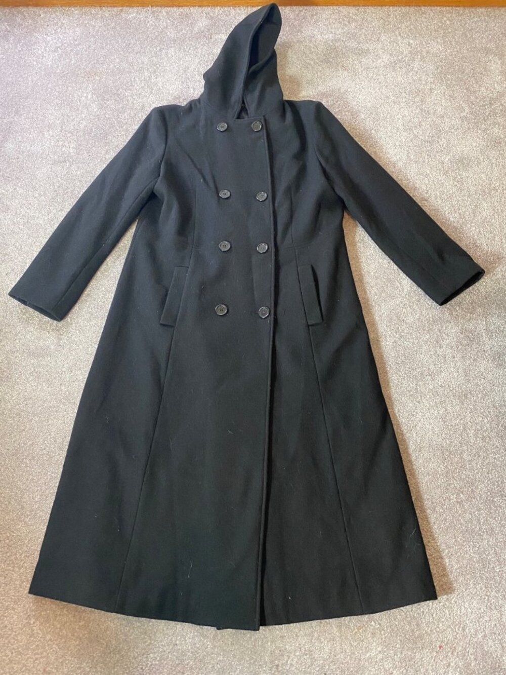 Donnybrook Black Wool Hooded Long Coat Womens Double-Breasted Overcoat Size 14